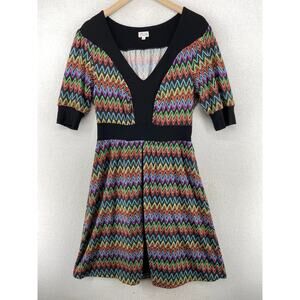 NEDA Dress L Geometric Chevron Jersey V-Neck Stretch Half Sleeve Black USA